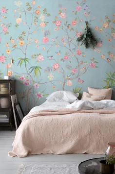 تصویر زمینه نقاشی دیواری Chinoiserie تکرار ، نقاشی دیواری دیواری خانگی ، گل صد تومانی و گلهای پرنده Wallpap