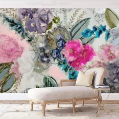 نقاشی دیواری آبرنگ گل ، دیوار صورتی و نقاشی دیواری استیک ، عکس برگردان دیوار بنفش ، کاغذ دیواری گل