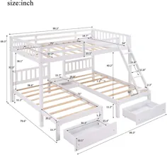 تخت دو طبقه دو نفره و دوقلو ، تخت سه تخته سه تخته چوبی با کشوها و محافظ های مخصوص کودکان ، نوجوانان ، بزرگسالان (سفید)