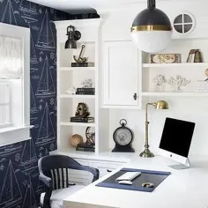 دفتر خانه به سبک کلبه سفید و سرمه ای با آویز هیکس - کلبه - دن / کتابخانه / دفتر