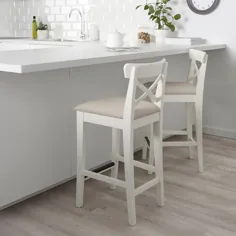چهارپایه میله ای INGOLF با پشتی ، سفید / بژ هالارپ ، 65 سانتی متر - IKEA