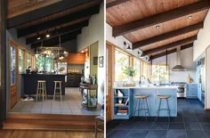 قبل و بعد - آشپزخانه تاریک و تاریخ دار با کابینت های آبی مات و کاشی های دیواری خاکستری روشن تغییر شکل داده است