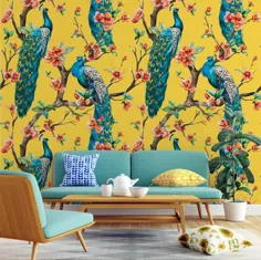 کاغذ دیواری گل به سبک Chinoiserie گلهای قرمز دیوار طاووس |  اتسی