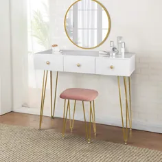 میز آرایش سفید EUGAD با ست آینه ای پایه دار صورتی مخملی با 3 کشو در زیر آرایش میز تحریر اتاق خواب پایه سنجاق