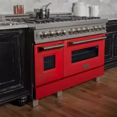 آشپزخانه و حمام ZLINE ZLINE 48 اینچ 6.0 مس.  دامنه دوگانه سوز سوخت با اجاق گاز و اجاق برقی در فولاد ضد زنگ و درب مات قرمز DuraSnow-RAS-RM-48 - انبار خانگی