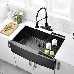 سینک ظرفشویی مشکی آشپزخانه سیاه و سفید 33 اینچ - سینک ظرفشویی آشپزخانه جلوی منحنی VOKIM 16 سنج ظرفشویی آشپزخانه از جنس استنلس استیل مات مشکی Bow