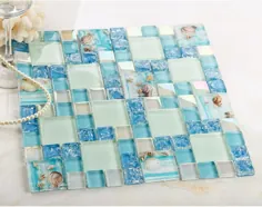 کاشی شیشه ای سفید و مایل به آبی با صدف و پوسته ، کاشی های دیواری حمام به سبک ساحل موزاییک 11.8 "x11.8" x5 / 16 "