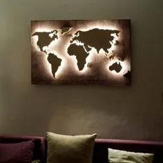 نقشه جهانی Wood World ، دیوار تخت ، نقشه جهانی LED به عنوان دکور دیوار و تزئینات هنری برای دیوار آویز ، دکور نور محیط