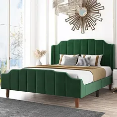 تخت خواب تختخواب مخملی چوبی Amolife با تخته تاپستر خمیده خمیده / تختخواب سکوی سنگین با تکیه گاه های قوی چوبی / بدون فنر جعبه ای مورد نیاز / سبز