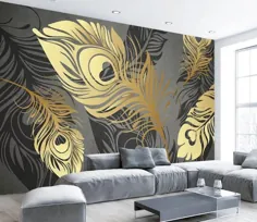 کاغذ دیواری 3D طلایی پرهای GNGN753 عکس نقاشی دیواری نقاشی دیواری |  اتسی