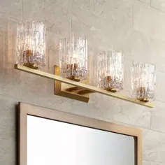 Possini Euro Design Modern Wall Light Warms Brass Hardwired 36 "Wide 4-Light Light Light Texture Glass Glass Glass for Bathroom Vanity Mirror