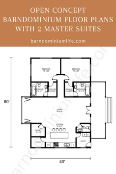 طرح های طبقه باز Concept Barndominium با 2 سوئیت Master