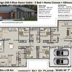 نقشه های خانه 5 خوابه |  260.4 متر مربع یا 2800 مربع  پا |  طراحی 5 اتاق خواب استرالیا |  پلان 5 تخته |  طرح 5 تخته |  طراحی خانه 5 تخته