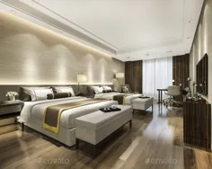 سوئیت اتاق خواب لوکس رندر سه بعدی در هتل بلند مرتبه با تخت دوقلو
