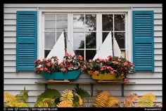 تصویر / عکس: پنجره ای با گلدان های گل به شکل قایق های بادبانی.  بندر بار ، مین ، ایالات متحده آمریکا