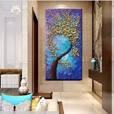 پوستر نقاشی شده با دست و نقاشی سه بعدی با رنگ روغن روی بوم دیوار پوست طلای گل درخت غنی و تصاویر برای دکوراسیون اتاق نشیمن - دیوارچوبها - زندگی خانه خود را تزئین کنید