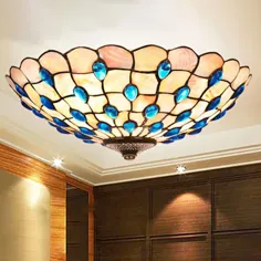 کوره نگین دار 3 عددی لامپ سقف شل آبی 3 "16" Wide Tiffany Flushmount نورپردازی نزدیک به چراغ های سقفی