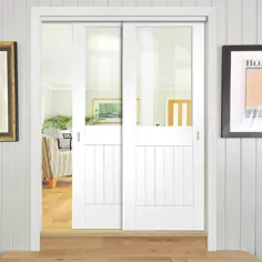 دو درب کشویی و کادر قاب - درب آهنی - شیشه شفاف - روکش سفید