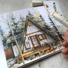 نقاشی خانه ویلایی در میان درختان