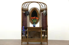 پایه و آینه سالن عتیقه حصیری چوبی حصیری فرانسه ، قلاب های کت ، نگهدارنده های چتر