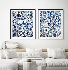 هنر دیواری آبی و سفید - چاپ کاشی پرتغالی لیسبون - کاشی پرتغال Azulejos - مجموعه ای از دو چاپ