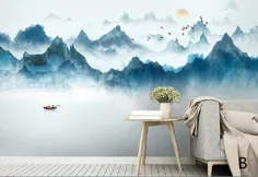 Acquerello Fosty blu montagna paesaggio carta da parati murale ، blu acquerello montagne paesaggio muro نقاشی دیواری ، کوه دیوار نقاشی دیواری