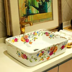 سینک ظرفشویی مستطیلی نقاشی گل سفید سرامیکی