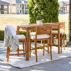 Welwick Designs 5-Piece Acacia Wood Rectangle Counter ارتفاع میز ناهار خوری در فضای باز با بالشتک های سفید-HD8502 - انبار خانه