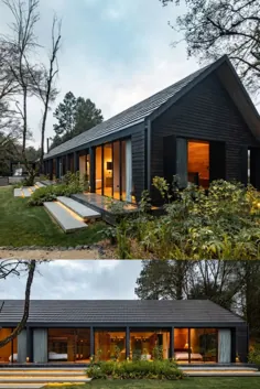 یک خانه کابین طولانی و باریک با نمای بیرونی زیبای چوب سوخته