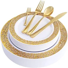 بشقاب های پلاستیکی طلای WDF 150PCS با ظروف یکبار مصرف نقره ای ، مجموعه ظروف پلاستیکی طرح توری شامل 25 بشقاب غذاخوری ، 25 بشقاب سالاد ، 25 چنگال ، 25 چاقو ، 25 قاشق / جایزه 25 مینی چنگال