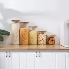 Amazon.com: ست ظروف نگهداری مواد غذایی شیشه ای ، شیشه های مواد غذایی بسته بندی شده با درب های چوبی بامبو - مجموعه ای 5 تایی