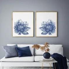 ست هنری دیواری آبی تیره گل لوتوس 2 عدد قابل چاپ برای تزیین دیوار اتاق نشیمن یا هدیه عاشق یوگا