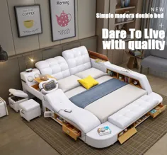 تختخواب ماساژ چند منظوره چند منظوره چرمی لوکس 1.8 متری تختخواب مدرن مدرن با چراغ ذخیره سازی چراغ بلوتوث بلندگوی ایمنی - دیوارپوش ها - زندگی خانه خود را تزئین کنید