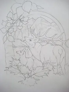 نقاشی طرح دو گوزن در طبیعت