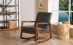 صندلی گهواره ای چرمی Wahson PU صندلی صندلی اواسط قرن با پایه های چوب جامد ، صندلی آرامش بخش اوقات فراغت برای اتاق نشیمن / اتاق خواب / بالکن (خاکستری تیره)