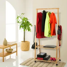 قفسه لباس Homfa Bamboo Rack Rollling Garment Rack با قفسه های ذخیره سازی 2 لاستیک و 4 قلاب کت برای لباس کفش