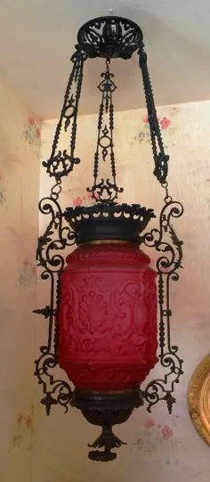ANTIQUE RED SATIN GLASS HANGING HALL LAMP W / ORNATE CAST IRON FRAME نادر |  # 1787651265