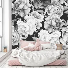 کاغذ دیواری قابل تعویض گل صد تومانی غول پیکر در زمینه سیاه و سفید گلدان گل صد تومانی-پوست و استیک-کاغذ دیواری خود چسب ، گلدار با گل صد تومانی نقاشی دیواری آبرنگ
