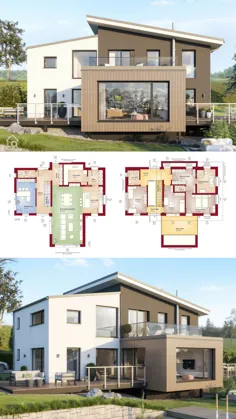 Einfamilienhaus Architektur modern mit Pultdach & XL Erker، Haus Grundriss Ideen offen mit Galerie