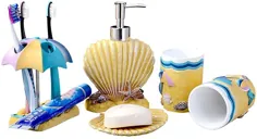 مجموعه لوازم جانبی حمام پوسته QVIVI 5 قطعه ، ست حمام رزین لوکس ، شامل ظرف صابون ، نگهدارنده مسواک ، لیوان شستشو ، تلگراف صابون