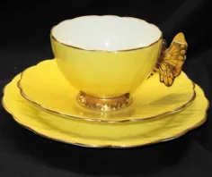 AYNSLEY CHINA ENGLAND BUTTERFLY HANDLE TEA CUP AND SAUCER TRIO A F تراشه