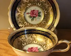 لیوان چای پاراگون و فنجان استوانه ای زرد بشقاب با گل |  اتسی