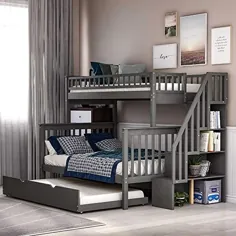 دو تخته کامل تختخواب سفارشی با صندوق عقب ، طرح صرفه جویی در فضای چوب Rockjame قاب تخت تختخواب سفری دارای فضای ذخیره سازی ، قابل تبدیل به 2 تختخواب جداگانه ، مناسب برای کودکان و نوجوانان (خاکستری)