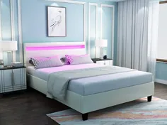 قاب تختخواب سفارشی اندازه ملکه mecor - چراغ های LED 8 تایی که در تابلو تغییر می کند - تخت خواب چرم مصنوعی سفید و روکش دار مدرن - پشتیبانی از اسلایدهای چوبی جامد - سفید / ملکه