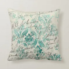 Shabby Chic Turquoise Damask Foliage Ephemera Throw Pillow |  Zazzle.com
