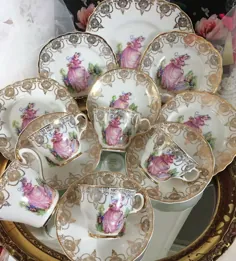 English Bone China Pinkie Tea Cups Set Trio Cake Plate Tea Set Pink Crinoline Lady • 125.00 پوند