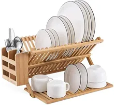 قفسه خشک کن ظروف بامبو HBlife با نگهدارنده ظروف ظروف آشپزخانه مجموعه نگهدارنده بزرگ تاشو برای آشپزخانه ، آبکش قابل شستشو ، نگهدارنده لیوان و ظروف