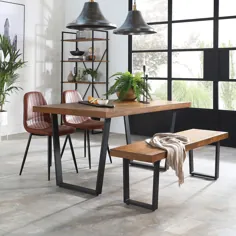 میز و نیمکت ناهار خوری بلوط صنعتی آدیسون با 2 صندلی چرمی قهوه ای بروکلین |  مبلمان و انتخاب