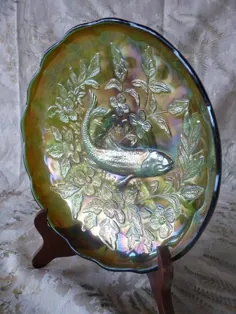 Millersburg IRIDESCENCE Satin GREEN Carnival Glass Trout |  اتسی