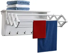 قفسه خشک کن لباس آکاردئونی Danya B ، رک حوله دیواری و قلاب مخصوص حوله و حوله برای استفاده در اتاق خشکشویی یا گاراژ - سفید